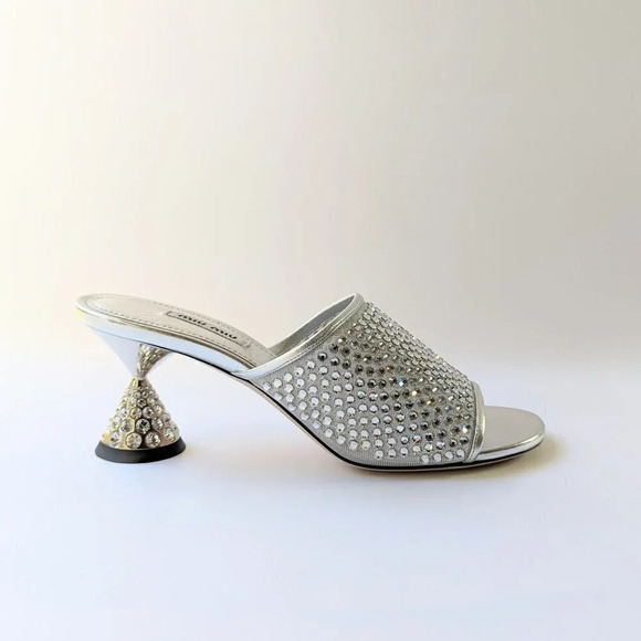 Miu Miu Women's Embellished Slide Heel Sandals Argento Size 38 (MSRP $1,200) - Picture 2 of 11